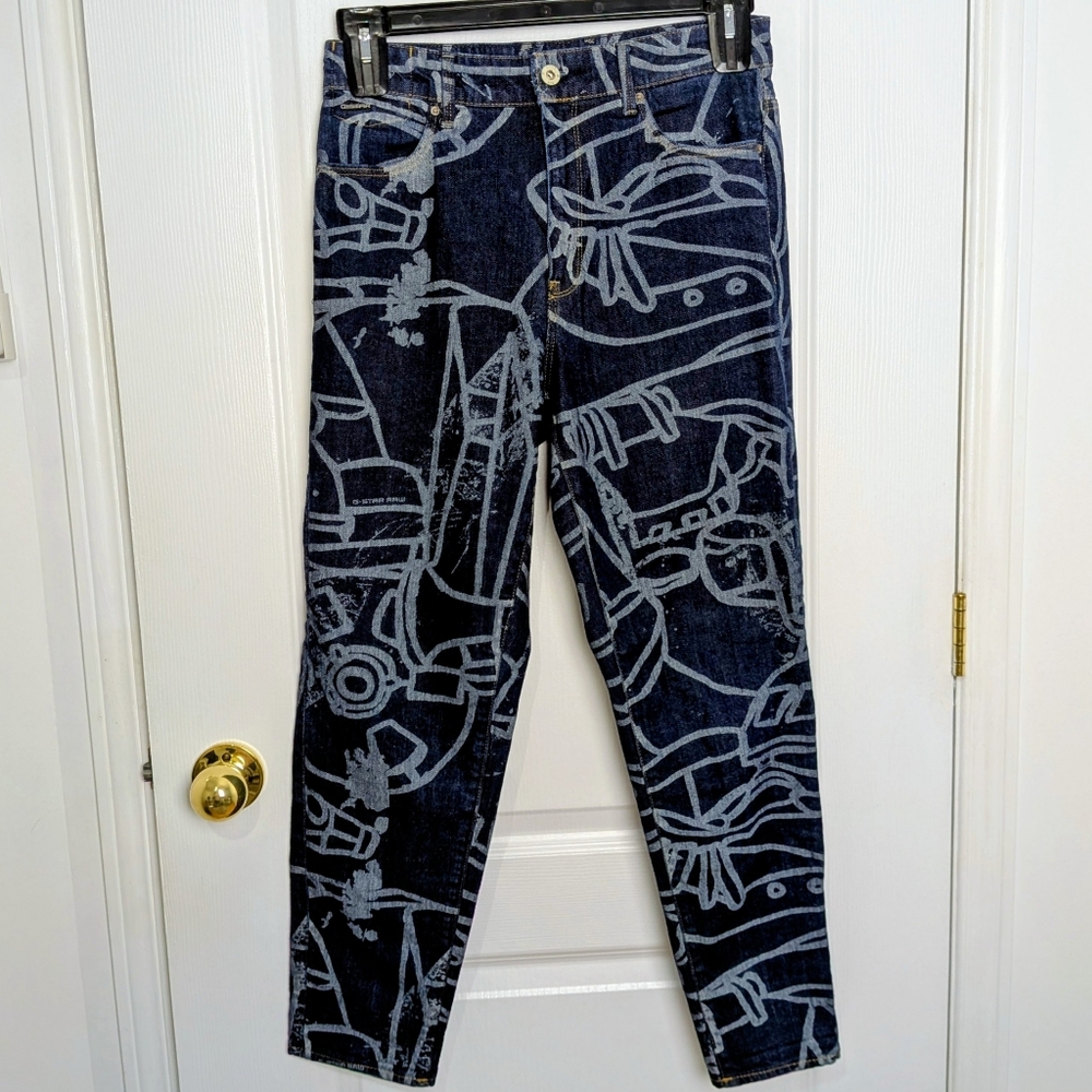 G-Star RAW Janeh Ultra High Mom Ankle Jeans – Blue Abstract Print – Size 29 #170